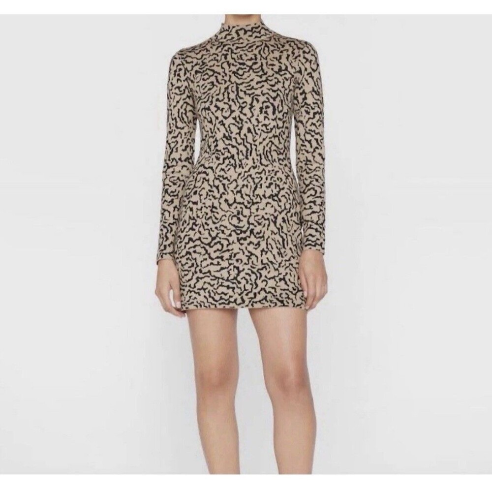Frame Jacquard Sweater Mock Neck Light Camel Animal Print Mini Dress Bodycon